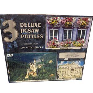 3 Deluxe Jigsaw Puzzles Sure-Lox Ages 12+ Neuschwanstein Castle Trevi Fountain &